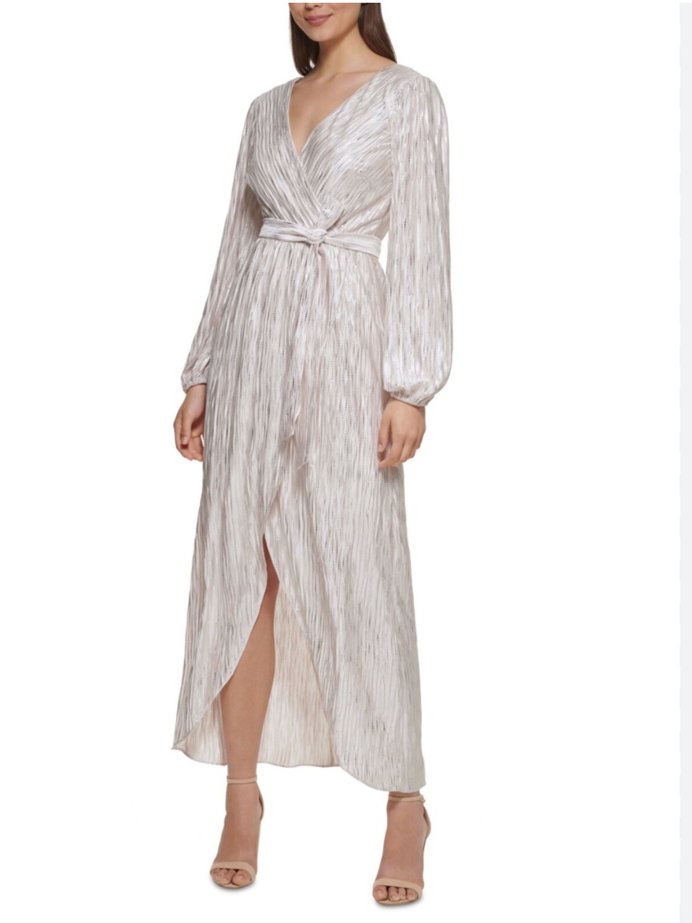 Guess Champagne Silver Metallic Wrap High Low Maxi Dress Long Sleeve Size 16